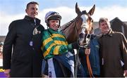 29 April 2016; Jockey Barry Geraghty with Jer's Girl, alongside Trainer Gavin Cromwell, left, and Owner J.P. McManus after winning the Tattersalls Ireland Champion Novice Hurdle. Punchestown, Co. Kildare. Picture credit: Cody Glenn / SPORTSFILE
