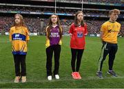 24 April 2016; Niamh Bridges, Co. Wexford, reading a line of the Proclamation during the Laochra entertainment performance after the Allianz Football League Final. Allianz Football League Finals, Croke Park, Dublin.  Picture credit: Brendan Moran / SPORTSFILE