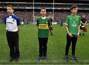 24 April 2016; Cian O Siochain, centre, Co. Kerry, reading a line of the Proclamation during the Laochra entertainment performance after the Allianz Football League Final. Allianz Football League Finals, Croke Park, Dublin.  Picture credit: Brendan Moran / SPORTSFILE