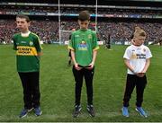 24 April 2016; Paul O'Brien, centre, Co. Meath, reading a line of the Proclamation during the Laochra entertainment performance after the Allianz Football League Final. Allianz Football League Finals, Croke Park, Dublin.  Picture credit: Brendan Moran / SPORTSFILE