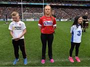 24 April 2016; Laura Whelan, centre, Co. Cork, reading a line of the Proclamation during the Laochra entertainment performance after the Allianz Football League Final. Allianz Football League Finals, Croke Park, Dublin.  Picture credit: Brendan Moran / SPORTSFILE
