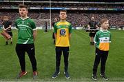 24 April 2016; Joseph McGee, centre, Co. Donegal, reading a line of the Proclamation during the Laochra entertainment performance after the Allianz Football League Final. Allianz Football League Finals, Croke Park, Dublin.  Picture credit: Brendan Moran / SPORTSFILE