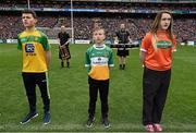 24 April 2016; Tiarnán Foy, centre, Co. Offaly, reading a line of the Proclamation during the Laochra entertainment performance after the Allianz Football League Final. Allianz Football League Finals, Croke Park, Dublin.  Picture credit: Brendan Moran / SPORTSFILE