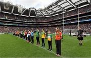 24 April 2016; Cailíosa Ni Dhuill, Co. Armagh, reading a line of the Proclamation during the Laochra entertainment performance after the Allianz Football League Final. Allianz Football League Finals, Croke Park, Dublin.  Picture credit: Brendan Moran / SPORTSFILE