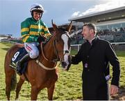 29 April 2016; Trainer Gavin Cromwell congratulates Barry Geraghty and Jer's Girl after winning the Tattersalls Ireland Champion Novice Hurdle. Punchestown, Co. Kildare. Picture credit: Cody Glenn / SPORTSFILE