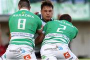 29 April 2016; Quinn Roux, Connacht, is tackled by Abraham Jurgens Steyn and Ornel Gega, Benetton Treviso. Guinness PRO12 Round 21, Benetton Treviso v Connacht. Stadio Monigo, Treviso, Italy. Picture credit: Daniele Resini / SPORTSFILE