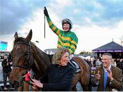 29 April 2016; Jockey Nina Carberry give the thumbs-up to the crowd as she enters the winner's enclosure after winning the Racing Post Champion Hunters Steeplechase on On The Fringe. Punchestown, Co. Kildare. Picture credit: Seb Daly / SPORTSFILE