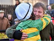 29 April 2016; A tearful Trainer Enda Bolger hugs Jockey Nina Carberry in the winner's enclosure after winning the Racing Post Champion Hunters Steeplechase on On The Fringe. Punchestown, Co. Kildare. Picture credit: Cody Glenn / SPORTSFILE