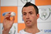 17 May 2010; Republic of Ireland International and Birmingham City player Keith Fahey holds a drawn ball at the FAI Ford Cup Third Round Draw, D4 Berkeley Hotel, Dublin. Picture credit: David Maher / SPORTSFILE