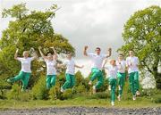 19 May 2010; A group of 10 young Irish athletes today flew out from Dublin to take part in the European Youth Olympic Trials which take place in Moscow from 21-23 May. This is a qualifying event for the Summer Youth Olympic Games to be held in Singapre from 14-26 August. Ahead of the teams departure is, from left, Sarah Lavin, Emerald A.C., Limerick, 100m, Sally Rose Maughan, Castlebar A.C., Mayo, Long Jump, Emma Prendiville, Farranfore Maine Valley A.C., Kerry, 5K Walk, Marco Pons, DMP, Wexford, Discus, Kate Veale, West Waterford A.C., Waterford, 10K Walk, James Treanor, Shercock A.C., Cavan, 10K Walk, Mark English, Letterkenny A.C., Donegal, 1000m. Youth Olympic Team Heads for Moscow. The Athletics Association of Ireland Headquarters, Northwood Business Park, Santry, Dublin. Picture credit; Stephen McCarthy / SPORTSFILE