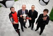 20 May 2010; Peter McCarthy, Tralee Dynamos, left, and Tomas Brennan, right, FC Carlow, with Fran Gavin, Director of the League of Ireland and Newstalk's David McIntyre at the launch of the 2010 Newstalk A Championship season, which will kick off this weekend. FAI Headquarters, Abbotstown, Dublin. Photo by Sportsfile