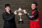 20 May 2010; Peter McCarthy, Tralee Dynamos, right, and Tomas Brennan, FC Carlow at the launch of the 2010 Newstalk A Championship season, which will kick off this weekend. FAI Headquarters, Abbotstown, Dublin. Photo by Sportsfile