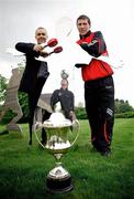20 May 2010; Peter McCarthy, Tralee Dynamos, right, and Tomas Brennan, right, FC Carlow, with Newstalk's David McIntyre at the launch of the 2010 Newstalk A Championship season, which will kick off this weekend. FAI Headquarters, Abbotstown, Dublin. Photo by Sportsfile