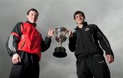 20 May 2010; Peter McCarthy, Tralee Dynamos, left, and Tomas Brennan, FC Carlow, at the launch of the 2010 Newstalk A Championship season, which will kick off this weekend. FAI Headquarters, Abbotstown, Dublin. Photo by Sportsfile