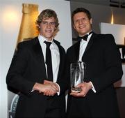 20 May 2010; Andrew Trimble, winner of the Bank of Ireland Ulster Player of the Year award, is presented with the award by Paul Magee from Bank of Ireland. Ulster Rugby Awards, La Mon Hotel, Belfast. Picture credit: John Dickson / SPORTSFILE