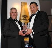 20 May 2010;  Mr Alan Campbell,  President of Ballymoney RFC, who won the Club of the Year award, sponsored by Kukri Sportswear, is presented the award by Terry Jackson, Director and General Manager of Kukri Ireland. Ulster Rugby Awards, La Mon Hotel, Belfast. Picture credit: John Dickson / SPORTSFILE