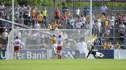 23 May 2010; Antrim goalkeeper John Finucane, right, fails to stop Tyrone's Owen Mulligan's shot going into the net. Ulster GAA Football Senior Championship Quarter-Final, Antrim v Tyrone, Casement Park, Belfast, Co. Antrim. Picture credit: Oliver McVeigh / SPORTSFILE