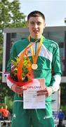 23 May 2010; Ireland's Mark English, from Letterkenny, Co. Donegal, with his gold medal after winning the Men's 1,000 metres in the World Youth Olympic Trials in Moscow. His gold medal performance earned him a place in the European team to compete in the World Youth Olympics in Singapore this summer. Moscow, Russia. Picture credit: James Veale / SPORTSFILE