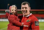 29 April 2016; Munster's Robin Copeland celebrates with his niece Sasha Galkin, aged 3, after the game. Guinness PRO12 Round 21, Munster v Edinburgh. Irish Independent Park, Cork.  Picture credit: Diarmuid Greene / SPORTSFILE