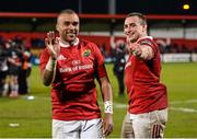 29 April 2016; Munster's Simon Zebo and Tommy O'Donnell celebrate after the game. Guinness PRO12 Round 21, Munster v Edinburgh. Irish Independent Park, Cork.  Picture credit: Diarmuid Greene / SPORTSFILE