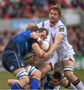 30 April 2016; Devin Toner, Leinster, is tackled by Callum Black and Iain Henderson, Ulster. Guinness PRO12, Round 21, Ulster v Leinster, Kingspan Stadium, Ravenhill Park, Belfast, Co. Antrim. Picture credit: Oliver McVeigh / SPORTSFILE