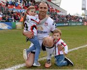 30 April 2016; Ruan Pienaar, Ulster along with his daughter Lemay and son Jean Luc after the game. Guinness PRO12, Round 21, Ulster v Leinster, Kingspan Stadium, Ravenhill Park, Belfast, Co. Antrim. Picture credit: Oliver McVeigh / SPORTSFILE