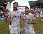 30 April 2016; Ulster's Peter Browne and Sean Reidy celebrate after the game. Guinness PRO12, Round 21, Ulster v Leinster, Kingspan Stadium, Ravenhill Park, Belfast, Co. Antrim. Picture credit: Oliver McVeigh / SPORTSFILE