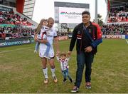 30 April 2016; Ruan Pienaar, Ulster along with his daughter Lemay, son Jean Luc and injured Nick Williams after the game. Guinness PRO12, Round 21, Ulster v Leinster, Kingspan Stadium, Ravenhill Park, Belfast, Co. Antrim. Picture credit: Oliver McVeigh / SPORTSFILE