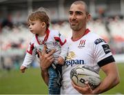 30 April 2016; Ruan Pienaar, Ulster, with his son Jean Luc after the game. Guinness PRO12, Round 21, Ulster v Leinster, Kingspan Stadium, Ravenhill Park, Belfast, Co. Antrim. Picture credit: Oliver McVeigh / SPORTSFILE