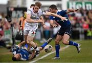 30 April 2016; Andrew Trimble, Ulster, is tackled by Dave Kearney and Rob Kearney, Leinster. Guinness PRO12, Round 21, Ulster v Leinster, Kingspan Stadium, Ravenhill Park, Belfast, Co. Antrim. Picture credit: Oliver McVeigh / SPORTSFILE