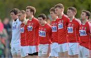 30 April 2016; The Cork team stand for the National Anthem before the game. EirGrid GAA Football Under 21 All-Ireland Championship Final, Cork v Mayo. Cusack Park, Ennis, Co. Clare. Picture credit: Piaras Ó Mídheach / SPORTSFILE