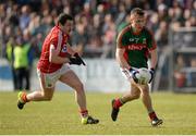 30 April 2016; Michael Plunkett, Mayo, in action against Michael McSweeney, Cork. EirGrid GAA Football Under 21 All-Ireland Championship Final, Cork v Mayo, Cusack Park, Ennis, Co. Clare. Picture credit: Seb Daly / SPORTSFILE