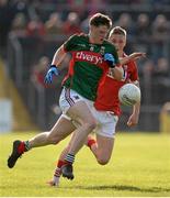 30 April 2016; Matthew Ruane, Mayo, in action against Sean White, Cork. EirGrid GAA Football Under 21 All-Ireland Championship Final, Cork v Mayo, Cusack Park, Ennis, Co. Clare. Picture credit: Seb Daly / SPORTSFILE