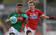 30 April 2016; Shairoze Akram, Mayo, in action against Ryan Harkin, Cork. EirGrid GAA Football Under 21 All-Ireland Championship Final, Cork v Mayo, Cusack Park, Ennis, Co. Clare. Picture credit: Seb Daly / SPORTSFILE