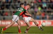 30 April 2016; Seán White, Cork, in action against James Kelly, Mayo. EirGrid GAA Football Under 21 All-Ireland Championship Final, Cork v Mayo. Cusack Park, Ennis, Co. Clare. Picture credit: Piaras Ó Mídheach / SPORTSFILE