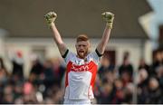 30 April 2016; Mayo goalkeeper Mattie Flanagan celebrates his side's first goal, scored by team-mate Diarmuid O'Connor. EirGrid GAA Football Under 21 All-Ireland Championship Final, Cork v Mayo. Cusack Park, Ennis, Co. Clare. Picture credit: Piaras Ó Mídheach / SPORTSFILE