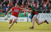 30 April 2016; Sean Powter, Cork, in action against Michael Hall, Mayo. EirGrid GAA Football Under 21 All-Ireland Championship Final, Cork v Mayo, Cusack Park, Ennis, Co. Clare. Picture credit: Seb Daly / SPORTSFILE