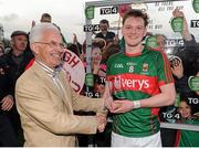 30 April 2016; Matthew Ruane, Mayo, receives the EirGrid Man of the Match award from John O'Connor, Chairman of EirGrid. EirGrid GAA Football Under 21 All-Ireland Championship Final, Cork v Mayo, Cusack Park, Ennis, Co. Clare. Picture credit: Seb Daly / SPORTSFILE