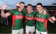 30 April 2016; Mayo goal scorers, from left to right, Diarmuid O’Connor, Liam Irwin and Conor Loftus celebrate following their victory over Cork. EirGrid GAA Football Under 21 All-Ireland Championship Final, Cork v Mayo, Cusack Park, Ennis, Co. Clare. Picture credit: Seb Daly / SPORTSFILE