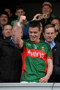 30 April 2016; Mayo captain Stephen Coen celebrates after the game. EirGrid GAA Football Under 21 All-Ireland Championship Final, Cork v Mayo. Cusack Park, Ennis, Co. Clare. Picture credit: Piaras Ó Mídheach / SPORTSFILE