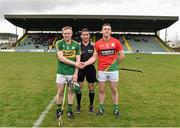 1 May 2016;  Referee Colm Lyons with Kerry captain Daniel Collins and Carlow captain Seamus Murphy who shake hands before the game. Leinster GAA Hurling Championship Qualifier, Round 1, Kerry v Carlow, Austin Stack Park, Tralee, Co. Kerry. Picture credit: Matt Browne / SPORTSFILE