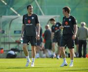 23 May 2010; Republic of Ireland players John O'Shea, left, and Glenn Whelan during squad training ahead of their forthcoming training camp and international friendlies against Paraguay and Algeria. Gannon Park, Malahide, Dublin. Picture credit: David Maher / SPORTSFILE