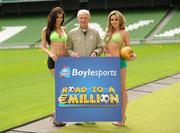 26 May 2010; Republic of Ireland manager Giovanni Trapattoni and top Irish models Georgia Salpa and Nadia Forde were on hand to launch Boylesports’ Road to a Million campaign for the World Cup. Boylesports is giving soccer fans the chance to win €1 million by asking them to predict the road to the World Cup final this summer. For more information please log on to www.boylesports.com. Aviva Stadium, Lansdowne Road, Dublin. Picture credit: Oliver McVeigh / SPORTSFILE