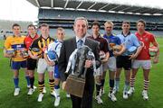 26 May 2010; The launch of the Bord Gáis Energy GAA Hurling U21 All-Ireland Championship took place at Croke Park today where competition sponsors Bord Gáis Energy also announced a new team of ambassadors who will support this year’s campaign of activity to promote U-21 hurling. Pictured at the launch is Nickey Doran, Head of Marketing, Bord Gáis Energy, with Bord Gáis Energy U-21 Hurling ambassadors, from left, John Conlon, Clare, Conor Woods, Down, Paul Murphy, Kilkenny, Noel Connors, Waterford, David Burke, Galway, Noel McGrath, Tipperary, Liam Rushe, Dublin, Aidan Walsh, Cork. Croke Park, Dublin. Picture credit: Brian Lawless / SPORTSFILE