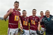 1 May 2016; Westmeath players Tommy Doyle, left, Shane Power, and Aonghus Clarke, right, celebrate after the game. Leinster GAA Hurling Championship Qualifier, Round 1, Westmeath v Offaly, TEG Cusack Park, Mullingar, Co. Westmeath. Photo by Sportsfile