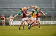 1 May 2016; Darragh Egerton, Westmeath, in action against Paddy Rigney, left, and Pat Camon, Offaly. Leinster GAA Hurling Championship Qualifier, Round 1, Westmeath v Offaly, TEG Cusack Park, Mullingar, Co. Westmeath. Photo by Sportsfile