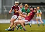 1 May 2016; Aonghus Clarke, Westmeath, in action against Colin Egan, Offaly. Leinster GAA Hurling Championship Qualifier, Round 1, Westmeath v Offaly, TEG Cusack Park, Mullingar, Co. Westmeath. Photo by Sportsfile