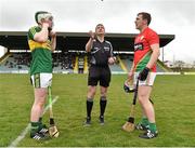 1 May 2016; Referee Colm Lyons does the coin toss with Kerry captain Daniel Collins and Carlow captain Seamus Murphy. Leinster GAA Hurling Championship Qualifier, Round 1, Kerry v Carlow, Austin Stack Park, Tralee, Co. Kerry. Picture credit: Matt Browne / SPORTSFILE