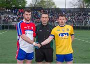 1 May 2016; Roscommon captain Ciarán Murtagh shakes hands with New York captain Johnny Duane, with referee Maurice Deegan, before the game. Connacht GAA Senior Football Championship, Round 1, New York v Roscommon, Gaelic Park, New York, USA. Picture credit: Dáire Brennan / SPORTSFILE