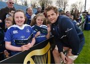 2 May 2016; Leinster's Jamie Heaslip meets supporters Ella Murphy, from Sandymount, Dublin, left, and Carla Woods, from Docklands, Dublin, both aged 10, following an open session training at the RDS, Ballsbridge, Dublin. Picture credit: Stephen McCarthy / SPORTSFILE